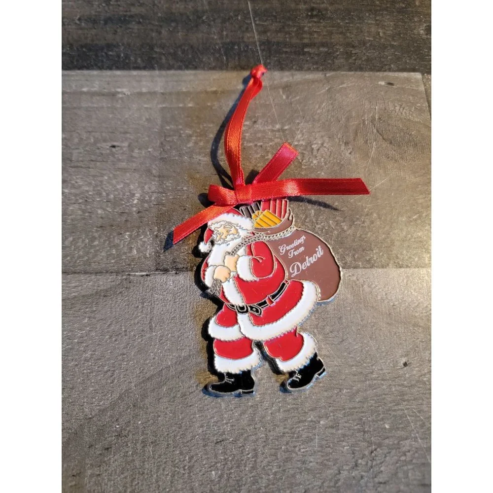 Metal santa Greetings from Detroit‎ xmas sack of gifts ornament